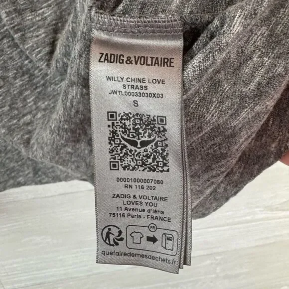 Zadig & Voltaire Willy Chine Love rhinestone Long Sleeve Top - Picture 7 of 8
